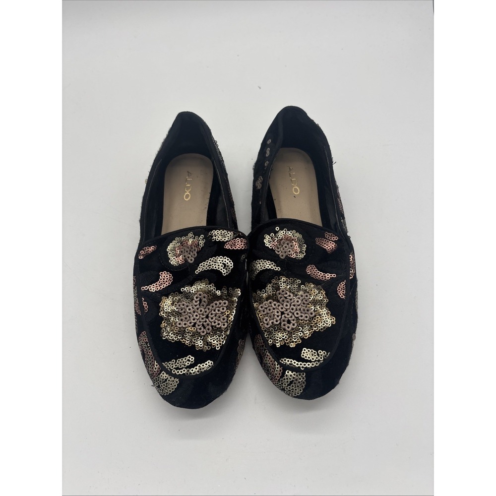 Aldo Black Karyne Loafers. Pink And Gold Velvet Sequins  Size 6